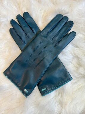 Coach Teal Leather Gloves with Cashmere Lining
